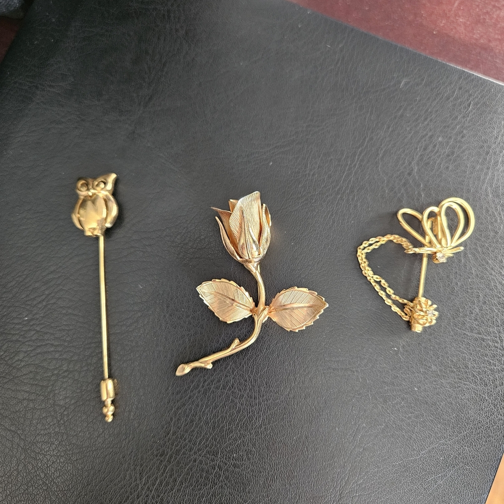 🌹Vintage Gold Owl,Rose and butterfly Brooch Trio✨